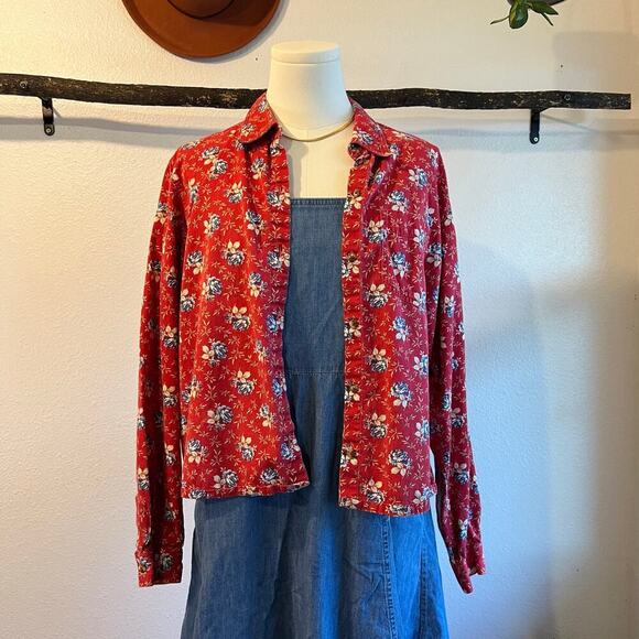 Vintage 90s Liz Claiborne Red Cotton Floral Button Front Shacket Size Large - Picture 9 of 9